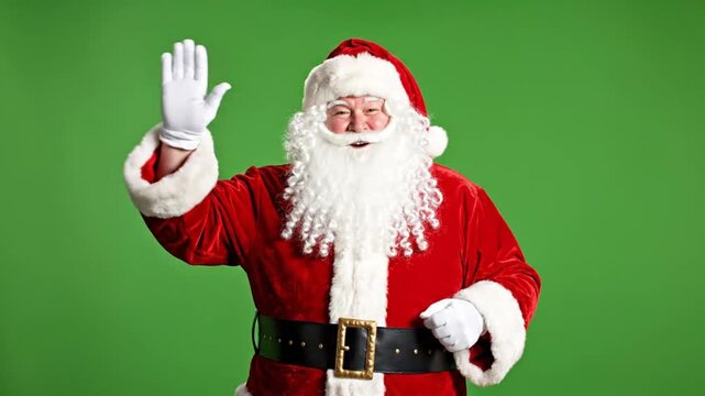 A cheerful and direct greeting animation featuring Santa Claus in his traditional red suit, isolated on a chroma key green screen background. 