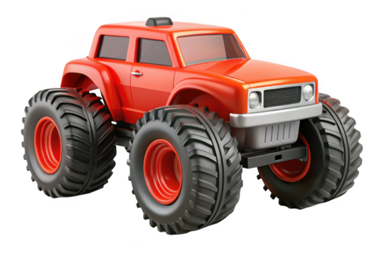 Red monster truck illustration, off-road vehicle clipart, big wheels, toy car, automotive design element, transportation graphics, isolated on transparent background