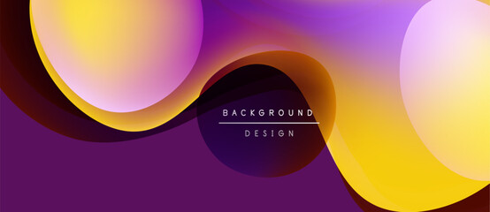 Abstract fluid shapes overlap, creating vibrant purple, yellow gradients. Modern design element for backgrounds, presentations.