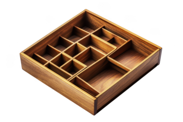 Wooden organizer box with compartments, storage container, desk tidy, drawer divider, craft supply holder, jewelry box, wood crate isolated on transparent background
