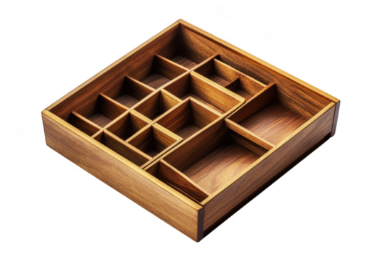 Wooden organizer box with compartments, storage container, desk tidy, drawer divider, craft supply holder, jewelry box, wood crate isolated on transparent background