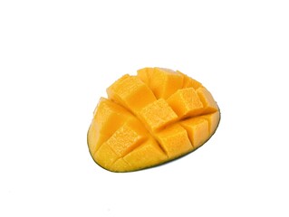 Fresh mango slices isolated on white background. Healthy food. High angle view 