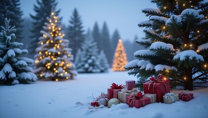 Snowy christmas trees and presents in a winter wonderland landscape at twilight
