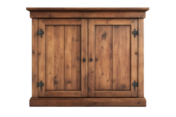 Rustic wooden cabinet with double doors, farmhouse style storage furniture, antique wood cupboard, kitchen cabinetry, isolated on transparent background