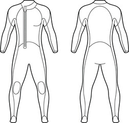 PrintTechnical flat sketch of men&rsquo;s wetsuit design with front zipper and knee panels, surf diving full body suit fashion illustration template