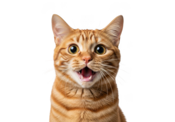 Surprised orange tabby cat portrait with open mouth, funny expression, cute feline animal, pet photography isolated on transparent background
