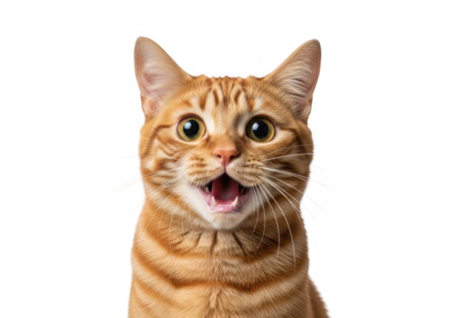 Surprised orange tabby cat portrait with open mouth, funny expression, cute feline animal, pet photography isolated on transparent background