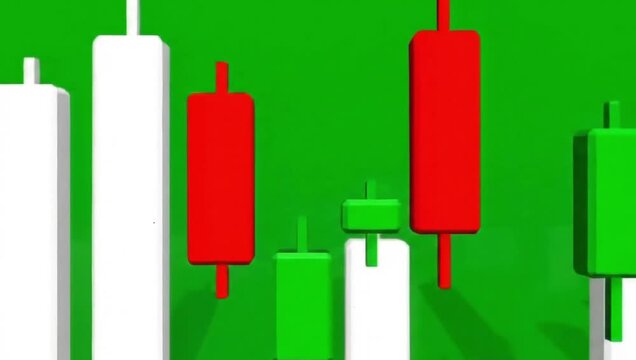 Green and red candlestick chart bars representing financial data movement on clean minimal background, trading analysis concept.
