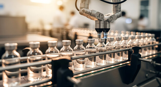 Precision robotics in pharmaceutical manufacturing ensuring sterile liquid filling of vials with advanced automation for reliable healthcare and medical solutions