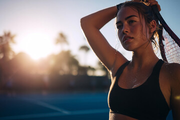 Female tennis player stretching beside the bright sunset, sweat and determination