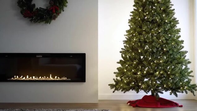 Elegant Christmas tree beside warm fireplace in cozy home interior, festive lights creating peaceful holiday atmosphere.
