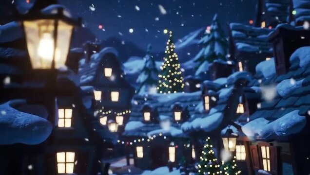 Snowy Christmas village decorated with lights, glowing houses and festive tree under peaceful winter night sky.
