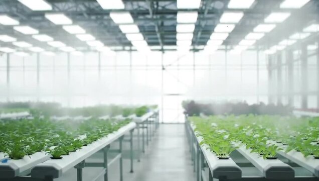 Bright futuristic indoor hydroponic farm with rows of growing plants, artificial white lighting and clean controlled environment.
