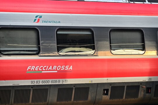 close up view of Frecciarossa high speed train by Trenitalia Turin Italy November 14 2025