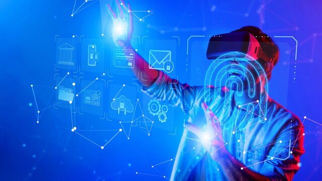 A young man engages with a futuristic holographic interface while wearing a virtual reality headset, showcasing the intersection of technology and user interaction. Raster - Powered by Adobe