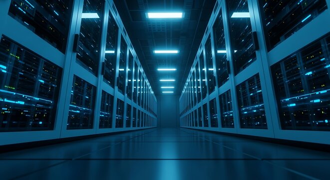 Illuminated server room with rows of data storage racks, showcasing the infrastructure of a modern data center and information technology