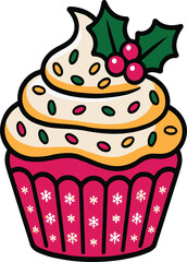 Christmas cupcake with holly and sprinkles dessert sweet vector illustration EPS file download.
