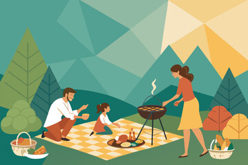 Flat vector illustration of a happy diverse family enjoying a summer barbecue picnic in a sunny backyard with food, drinks, and activities.