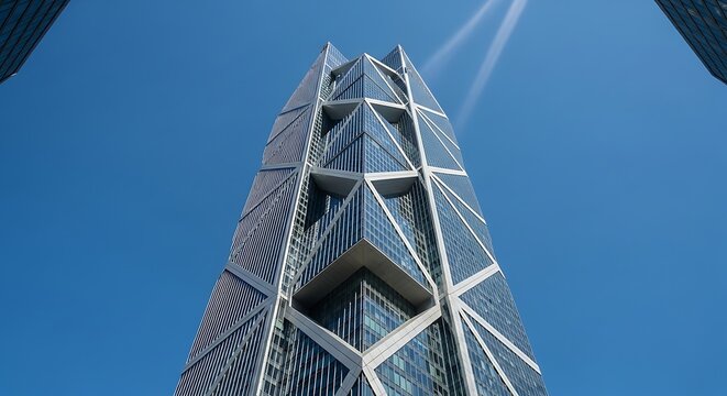 Looking up at the modern architecture of the cctv headquarters building in beijing, china, showcasing its unique design against a clear blue sky - Powered by Adobe