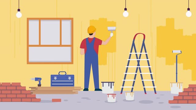 Construction Worker Painting Interior Wall On A Ladder In A Renovation Site