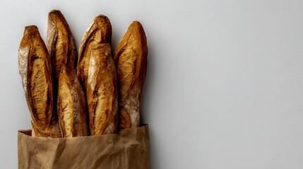 A bunch of baguettes in a paper package on a white background with copy space, top view, flat lay. Concept of bakery and confectionery products