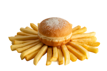 Creative Food Mashup Featuring French Fries Inserted into a Frosted Sugar Doughnut, Isolated PNG Cutout, Unique Snack Concept for Menu Design, Advertising, Culinary Art and Creative Marketing Projects