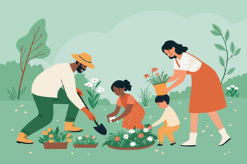 A happy family joyfully gardening together, planting vibrant flowers in a sunlit backyard, flat design illustration.