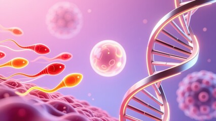 A futuristic cell scene with bright dna like helix and glowing sperm shapes showing male health for infertility issues