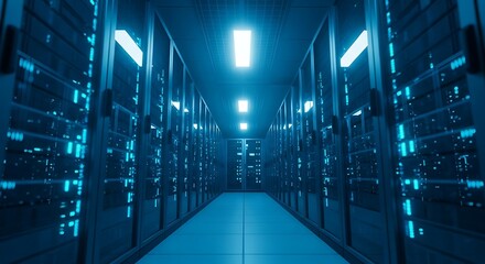 A long corridor in a server room with rows of computer servers and blinking lights, creating a futuristic and hightech atmosphere for data processing