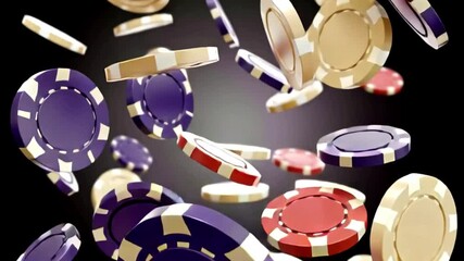 Colored poker chips slowly falling down a black background. casino, online casino, poker, roulette. looped 3D animation - Powered by Adobe