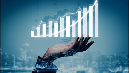 A digital hand supports a growth chart set against a cityscape. The image conveys financial success, innovation, and opportunities in a modern business environment. Copula