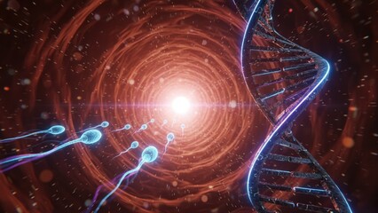 A red glowing female reproductive interior with bright center light and moving sperm shapes near metallic helix for infertility issues