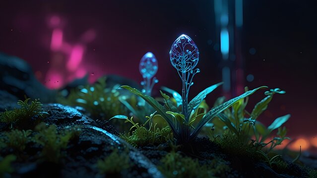 Glowing AI energy seedling sprouting from circuits; green leaves, luminous roots, and data lines symbolize clean power, sustainability, and smart growth. Futuristic neon eco-tech wallpaper with bokeh.