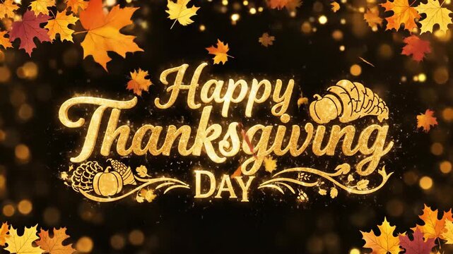 Sparkling Happy Thanksgiving day text with falling autumn leaves and decorative squash elements on a bokeh background for holiday celebration