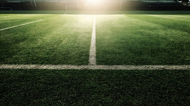 Bright sun shines over the intersection of white boundary lines on green playing surface