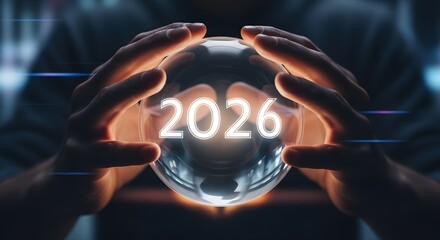 Crystal ball reveals the year 2026, a symbol of future foresight and the passage of time