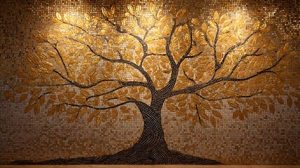 Intricately detailed mosaic panel depicts a stylized tree with rich golden foliage