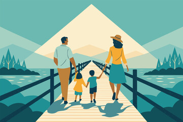 Happy family strolling leisurely on a scenic wooden bridge, crossing a gently flowing river, surrounded by lush nature.