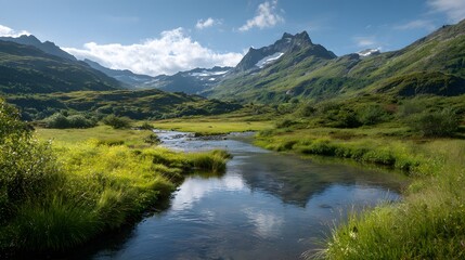 Clear stream flows through a verdant valley nestled between steep, rugged mountains under a bright sky