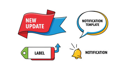 Colorful notification banners labels and a bell icon graphic design