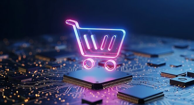 Futuristic shopping cart icon glowing on a computer chip, symbolizing online shopping, ecommerce, and the digital marketplace of the future - Powered by Adobe