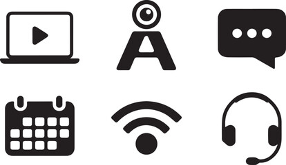 Digital Communication Icons – Black Silhouettes for Remote Work, Streaming, Messaging, and Connectivity UI