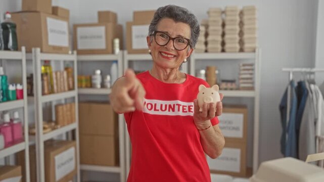 Senior woman volunteer with glasses in red shirt holding piggy bank and pointing, standing in donation room with shelves full of boxes and food items, smiling warmly.