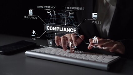 Fototapeta premium Compliance ensures alignment with standards, laws, and policies. A strong compliance system helps enforce regulation, protect organizations, and improve global compliance transparency. Muxer