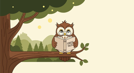 Funny cartoon owl bird character sitting on a tree vector illustration drawing for a baby child birthday card design