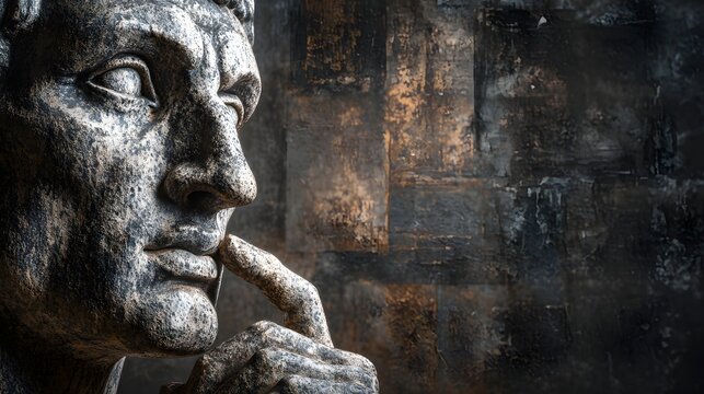 Ancient stone sculpture profile depicts a contemplative figure touching its chin