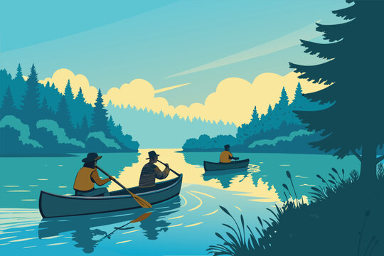 Flat vector friends canoeing on tranquil lake under vibrant blue sky, serene adventure, outdoor recreation, summer fun.