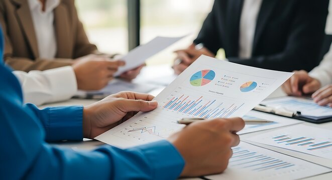 Closeup of business people analyzing financial data and charts during a meeting, fostering collaboration and strategic decisionmaking in the workplace