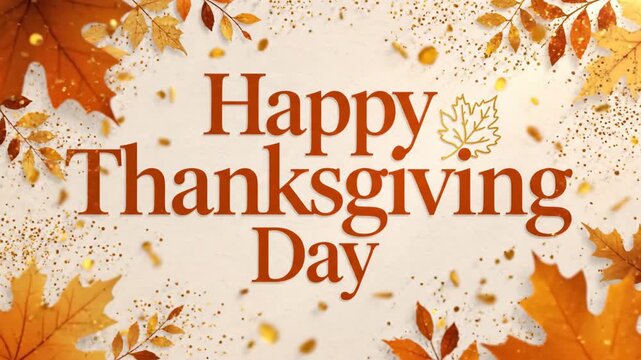 Happy Thanksgiving Day message animation with autumn leaves and golden confetti for holiday greeting card