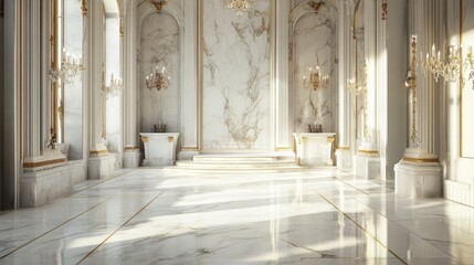 Luxurious marble hall, sunlight streams in, opulent interior